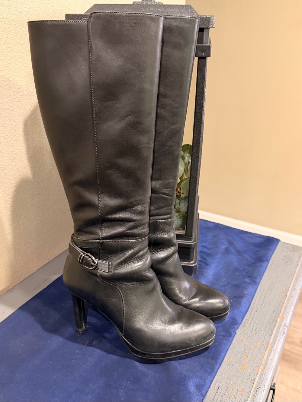 Naturalizer Black Leather Knee-High Heeled Boots